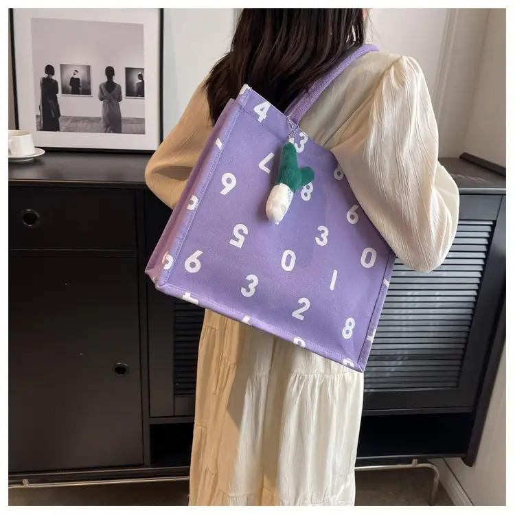 Purple Number Print Canvas Tote Bag for Women — feature 15