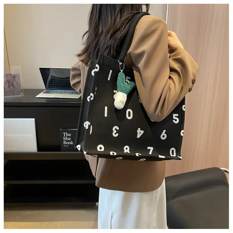 Purple Number Print Canvas Tote Bag for Women — feature 16