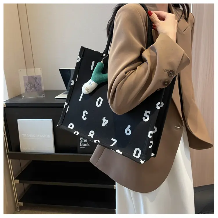 Purple Number Print Canvas Tote Bag for Women — feature 17