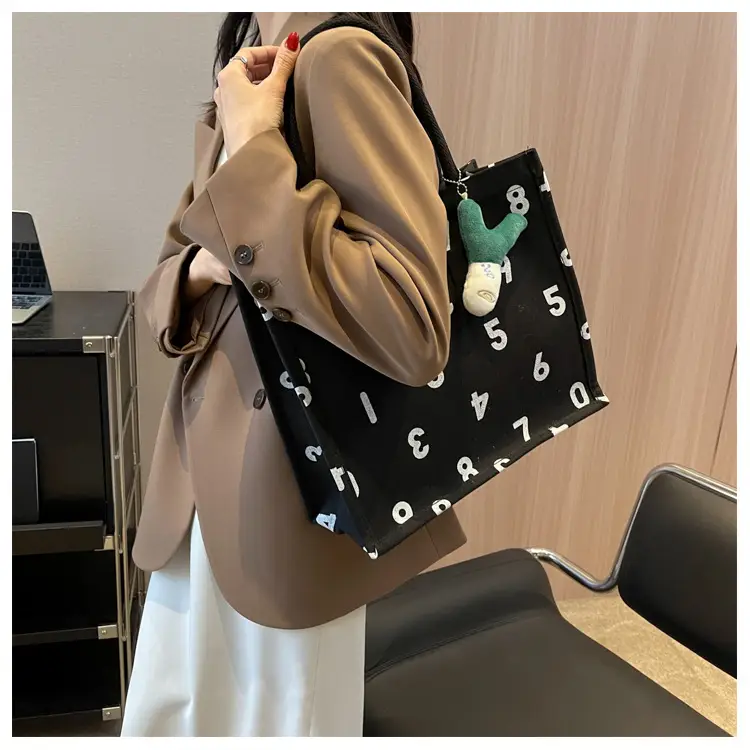 Purple Number Print Canvas Tote Bag for Women — feature 18