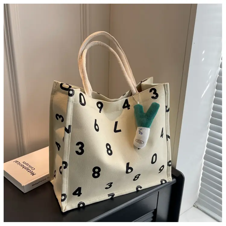 Purple Number Print Canvas Tote Bag for Women — feature 21