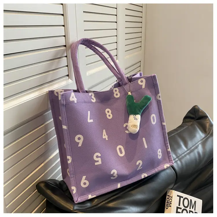 Purple Number Print Canvas Tote Bag for Women — feature 22