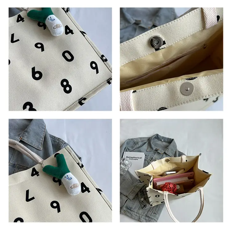 Purple Number Print Canvas Tote Bag for Women — feature 30