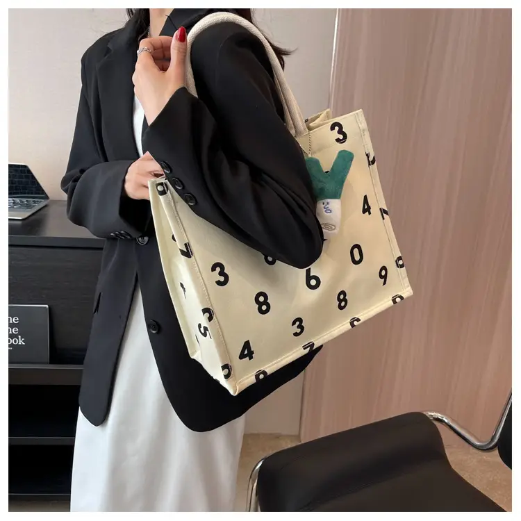 Purple Number Print Canvas Tote Bag for Women — feature 8