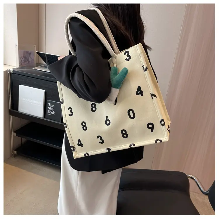 Purple Number Print Canvas Tote Bag for Women — feature 9
