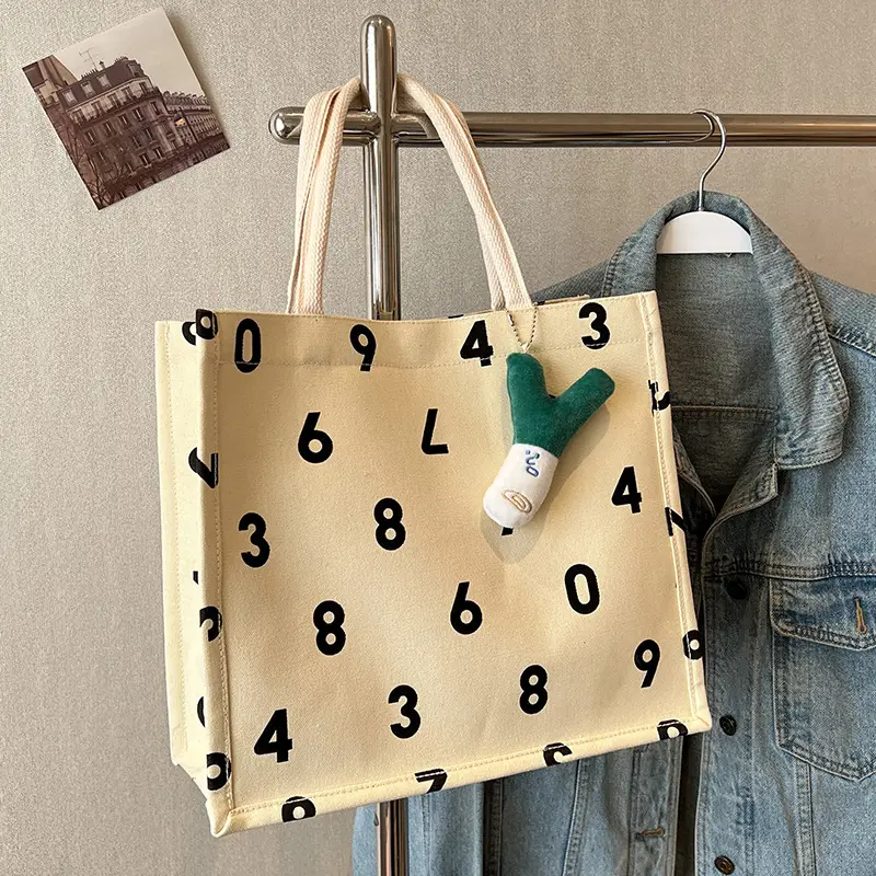 Purple Number Print Canvas Tote Bag for Women - Image 10