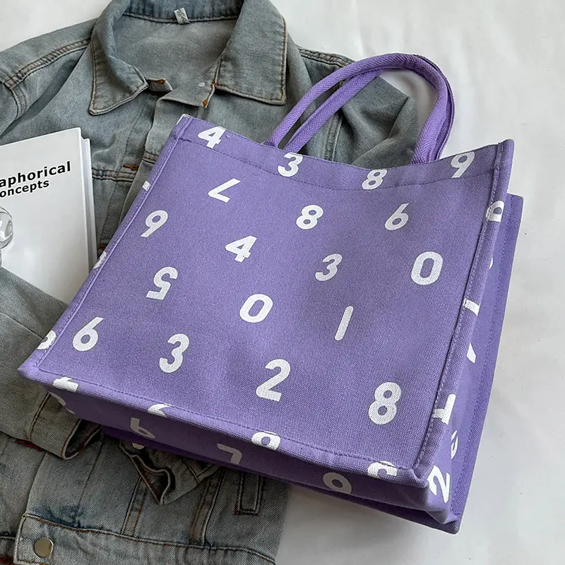 Purple Number Print Canvas Tote Bag for Women - Image 2
