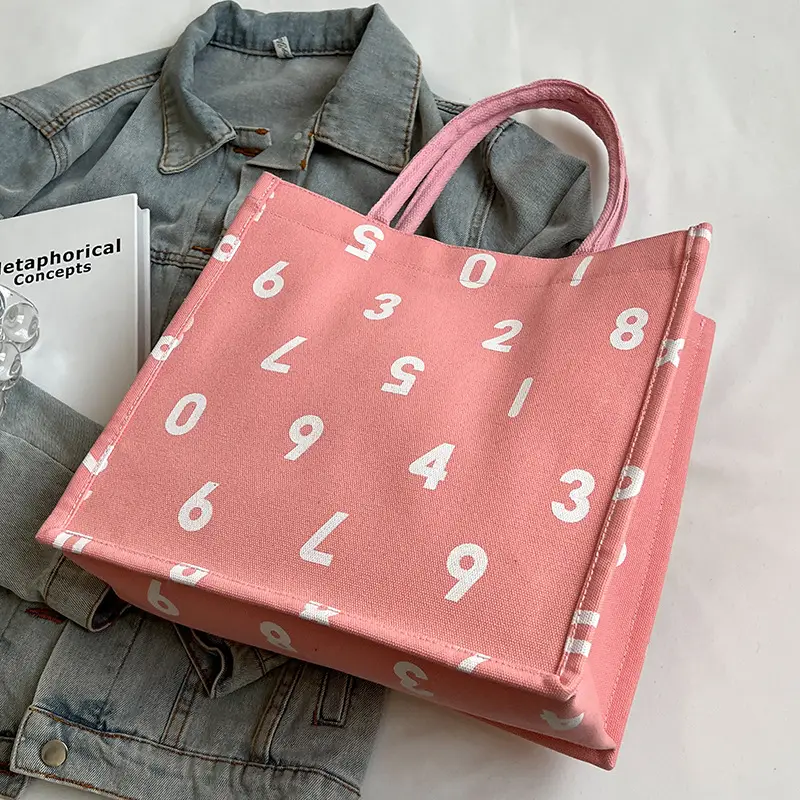 Purple Number Print Canvas Tote Bag for Women - Image 3