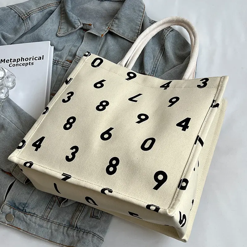 Purple Number Print Canvas Tote Bag for Women - Image 5