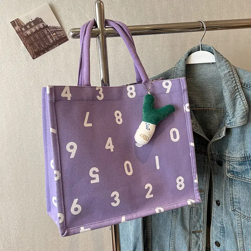 Purple Number Print Canvas Tote Bag for Women - Image 7
