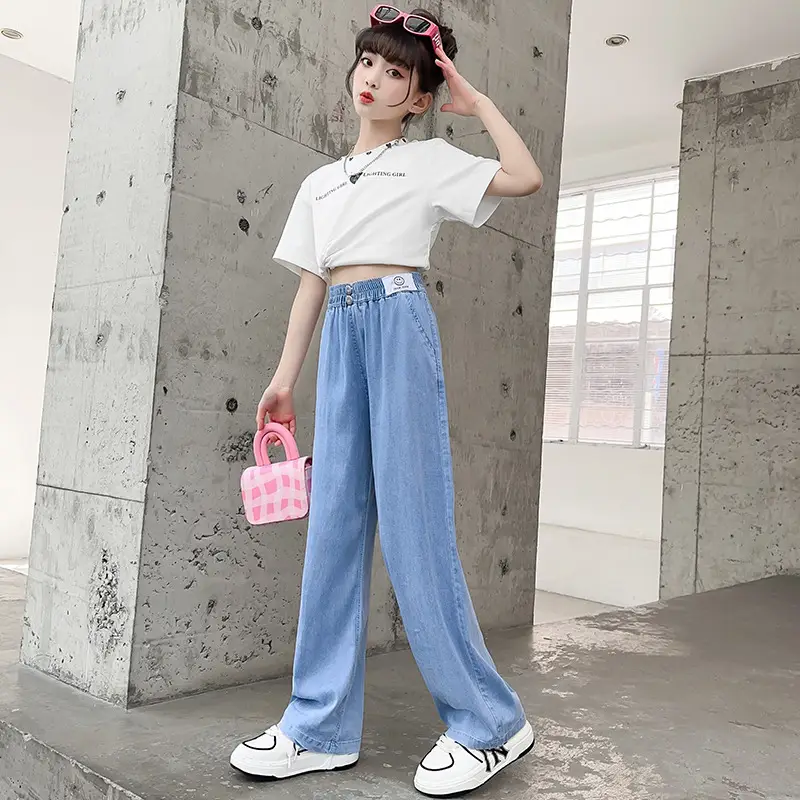 Girls Ice Silk Wide Leg Jeans Summer Casual