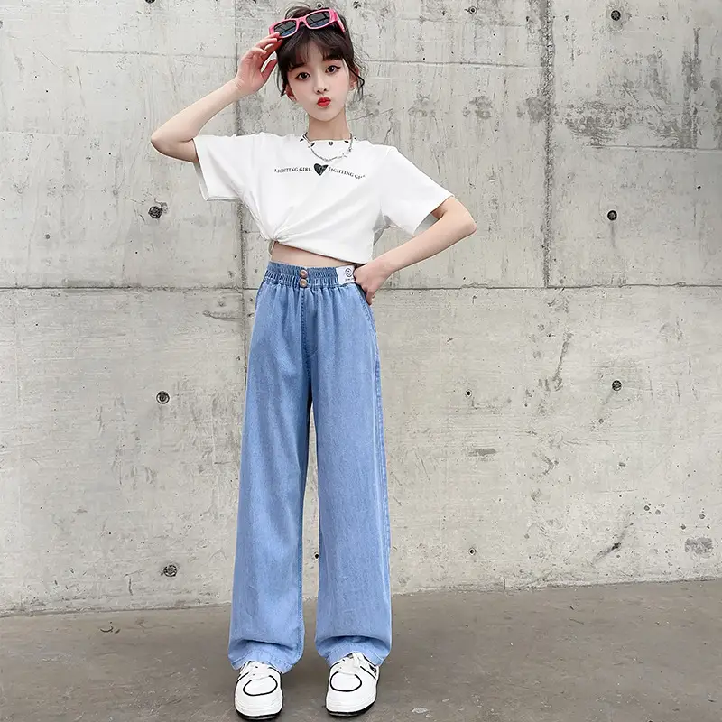 Girls Ice Silk Wide Leg Jeans Summer Casual