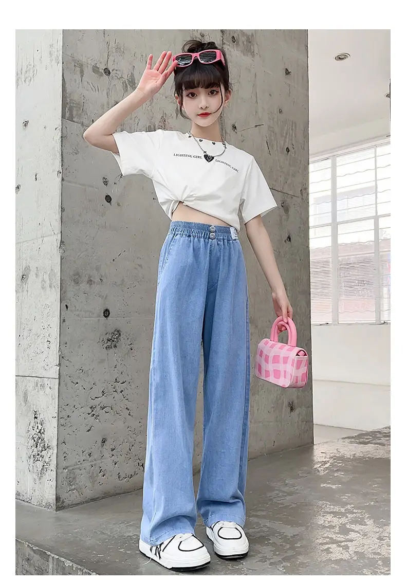 Girls Ice Silk Wide Leg Jeans Summer Casual — feature 3