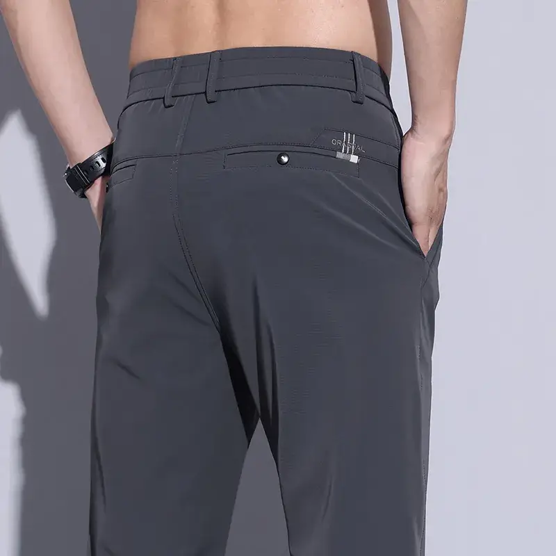 2023 Men's Black Ice Silk Straight Stretch Trousers - Image 4