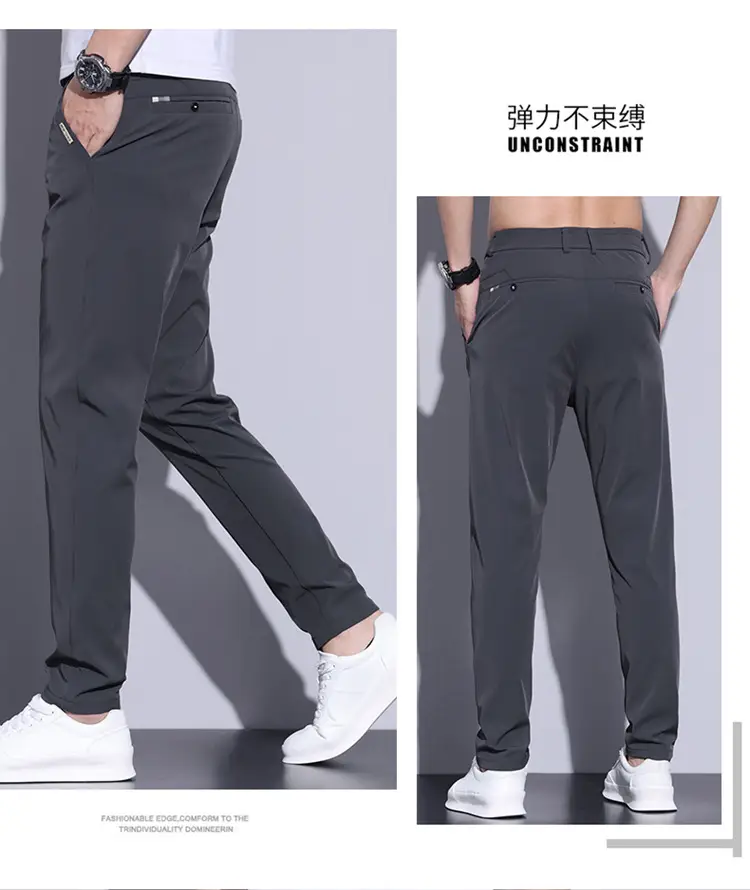 2023 Men's Black Ice Silk Straight Stretch Trousers — feature 10