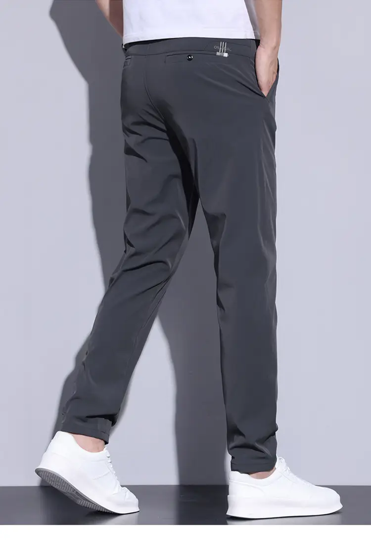 2023 Men's Black Ice Silk Straight Stretch Trousers — feature 11