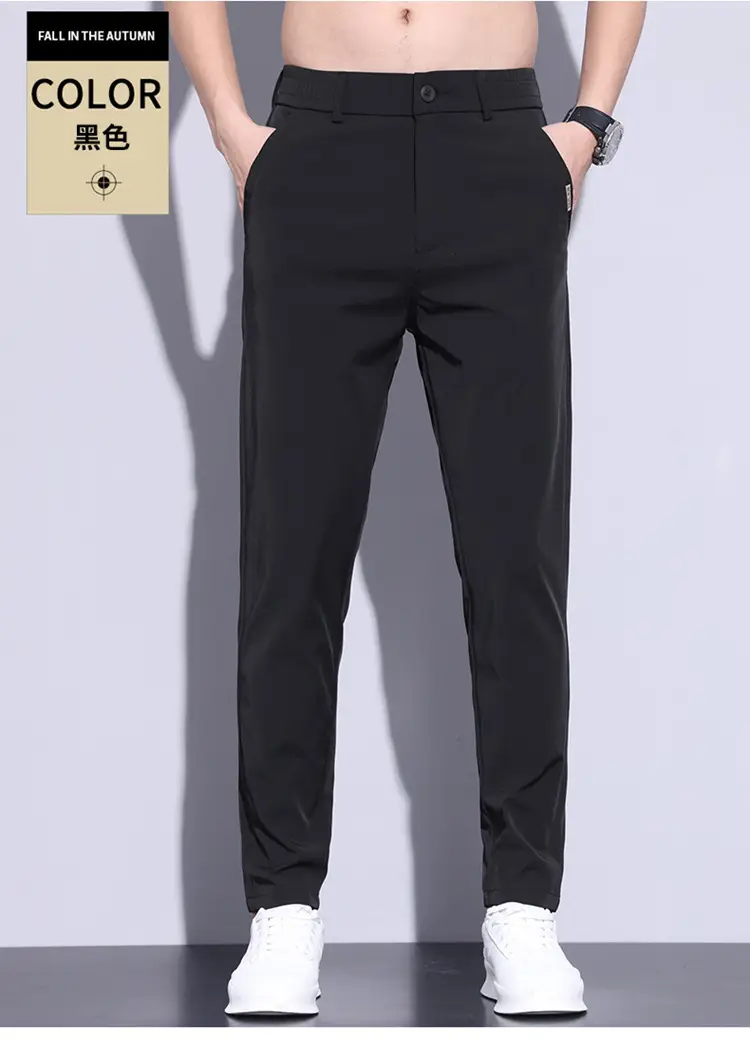 2023 Men's Black Ice Silk Straight Stretch Trousers — feature 12