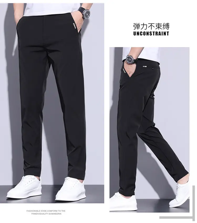 2023 Men's Black Ice Silk Straight Stretch Trousers — feature 13
