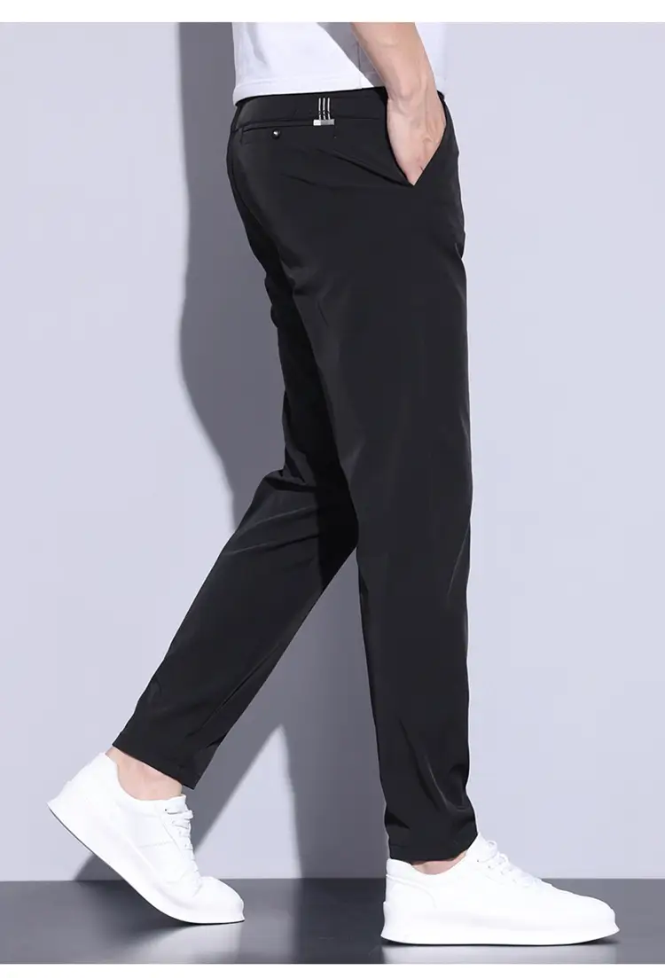 2023 Men's Black Ice Silk Straight Stretch Trousers — feature 14