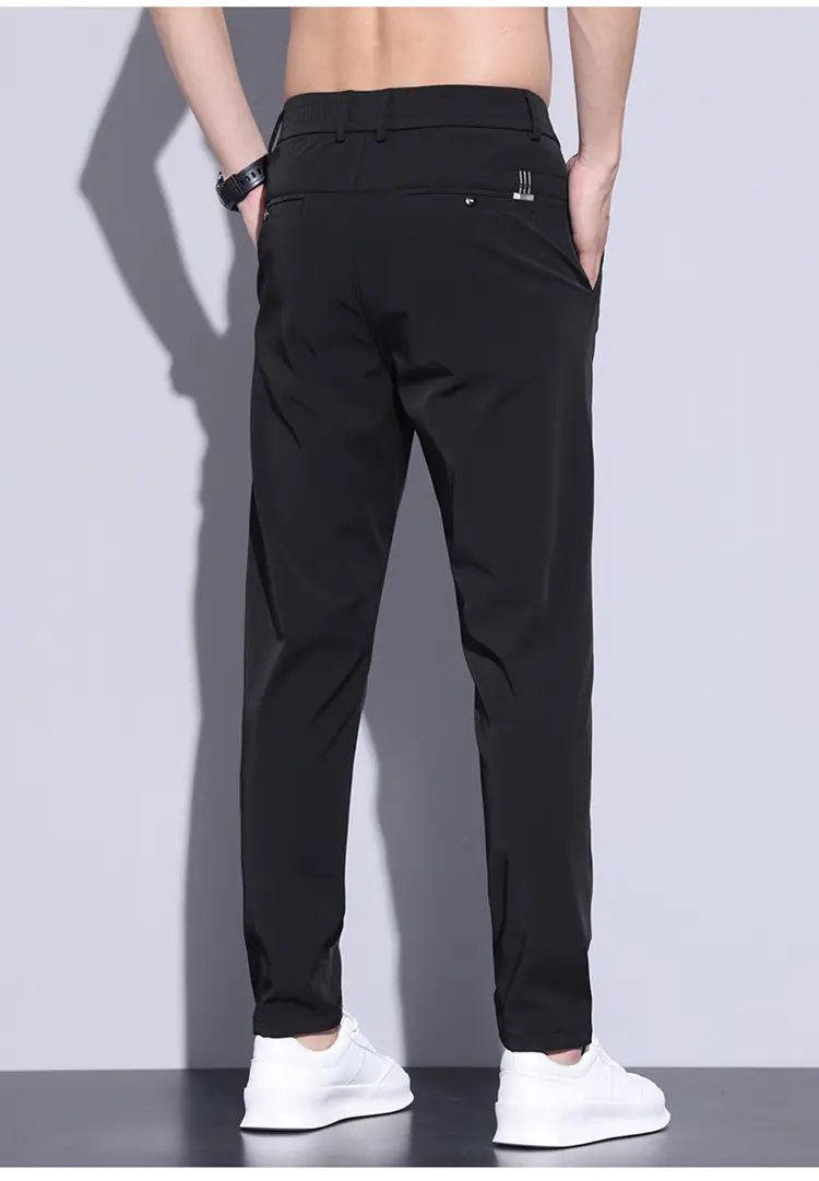 2023 Men's Black Ice Silk Straight Stretch Trousers — feature 15