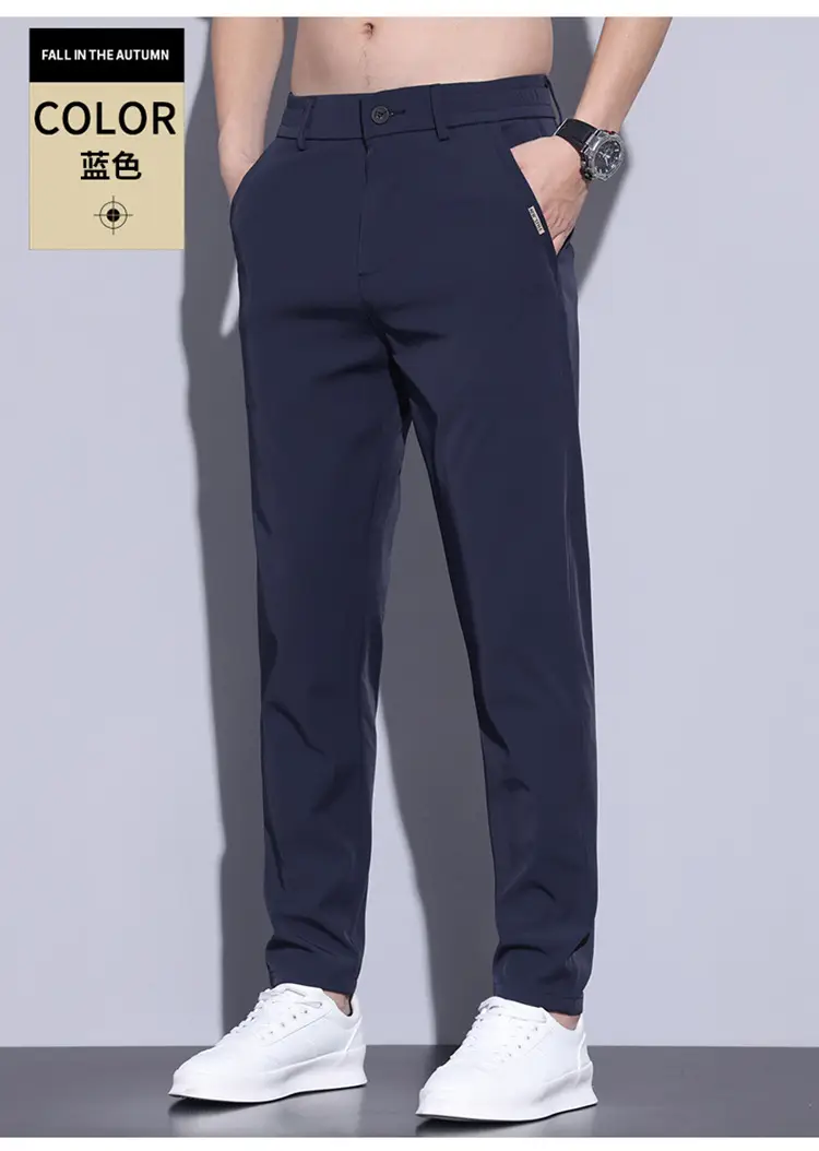 2023 Men's Black Ice Silk Straight Stretch Trousers — feature 17