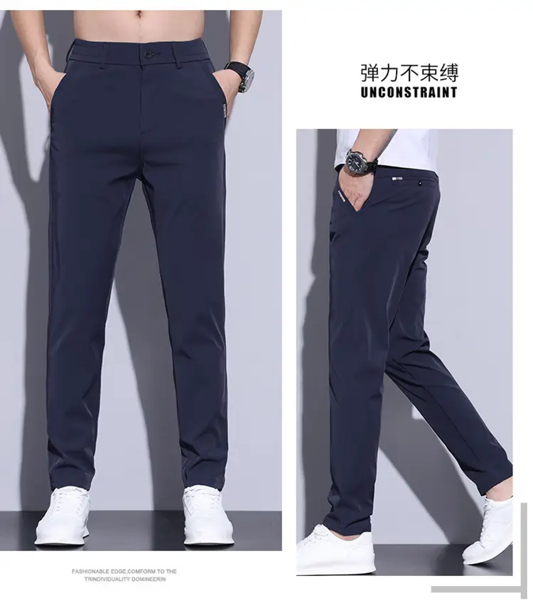 2023 Men's Black Ice Silk Straight Stretch Trousers — feature 18