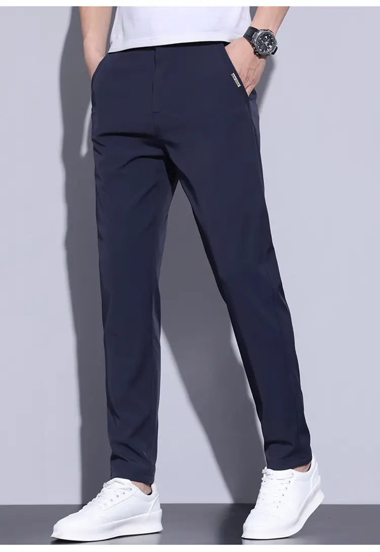 2023 Men's Black Ice Silk Straight Stretch Trousers — feature 19