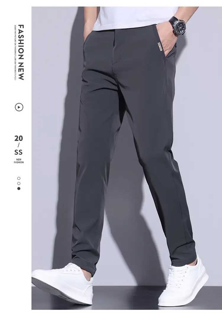 2023 Men's Black Ice Silk Straight Stretch Trousers — feature 9