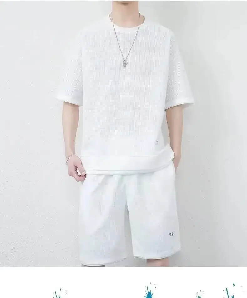 Men Black Waffle Shorts Set Summer Thin Sports Shorts — feature 12