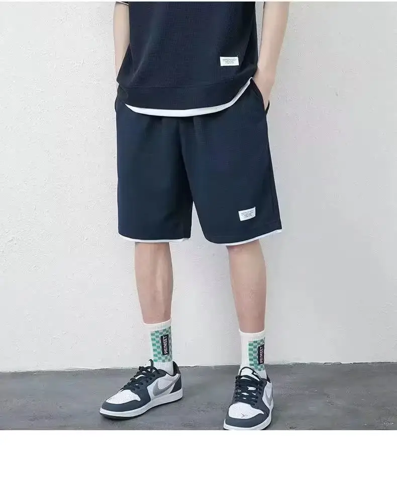Men Black Waffle Shorts Set Summer Thin Sports Shorts — feature 16