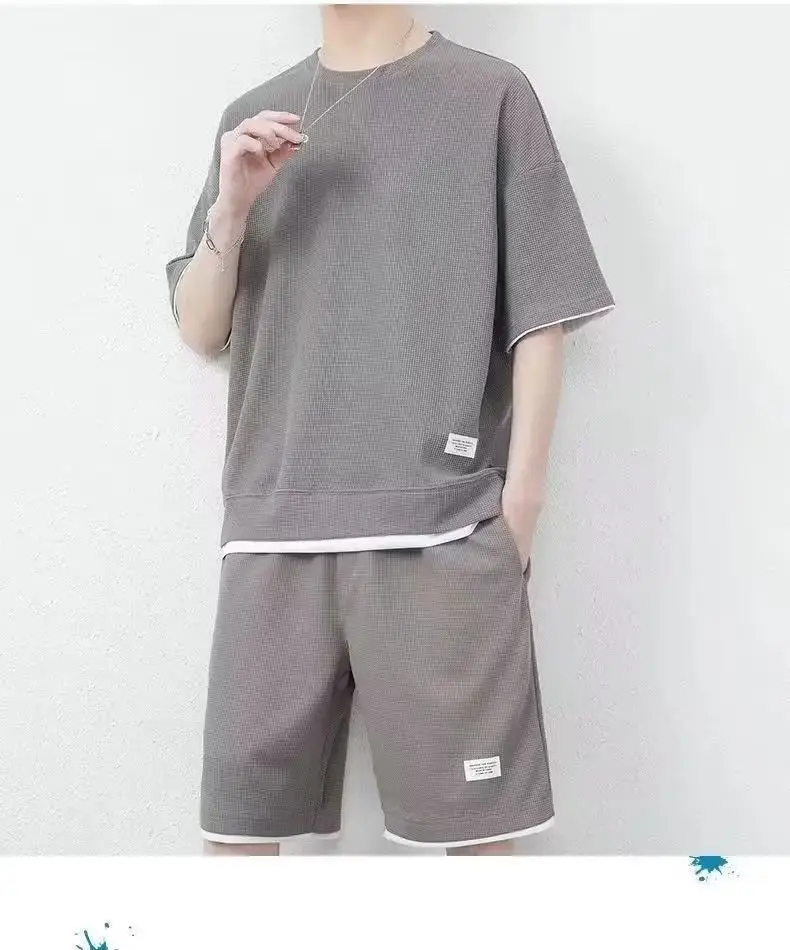Men Black Waffle Shorts Set Summer Thin Sports Shorts — feature 17