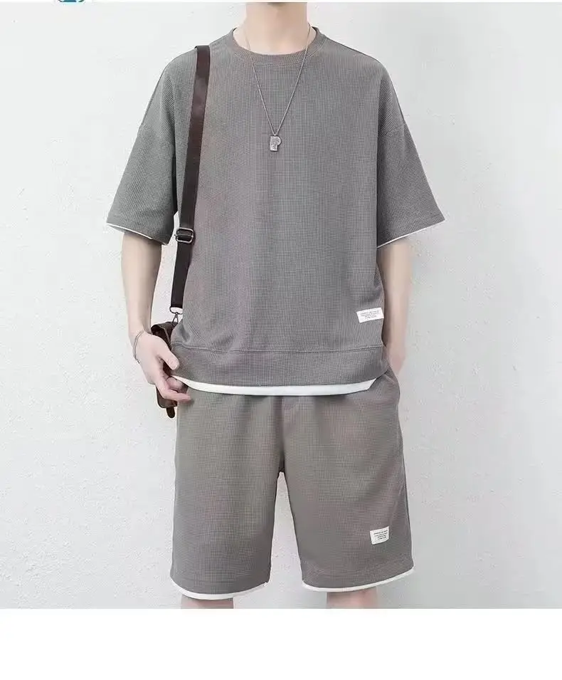 Men Black Waffle Shorts Set Summer Thin Sports Shorts — feature 18