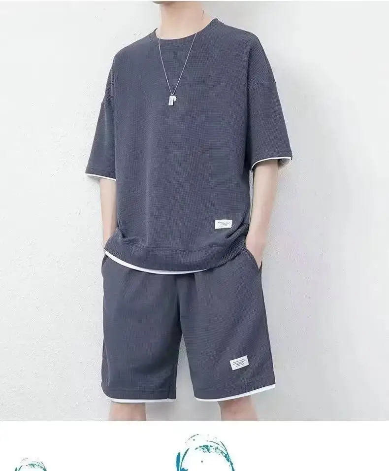 Men Black Waffle Shorts Set Summer Thin Sports Shorts — feature 5