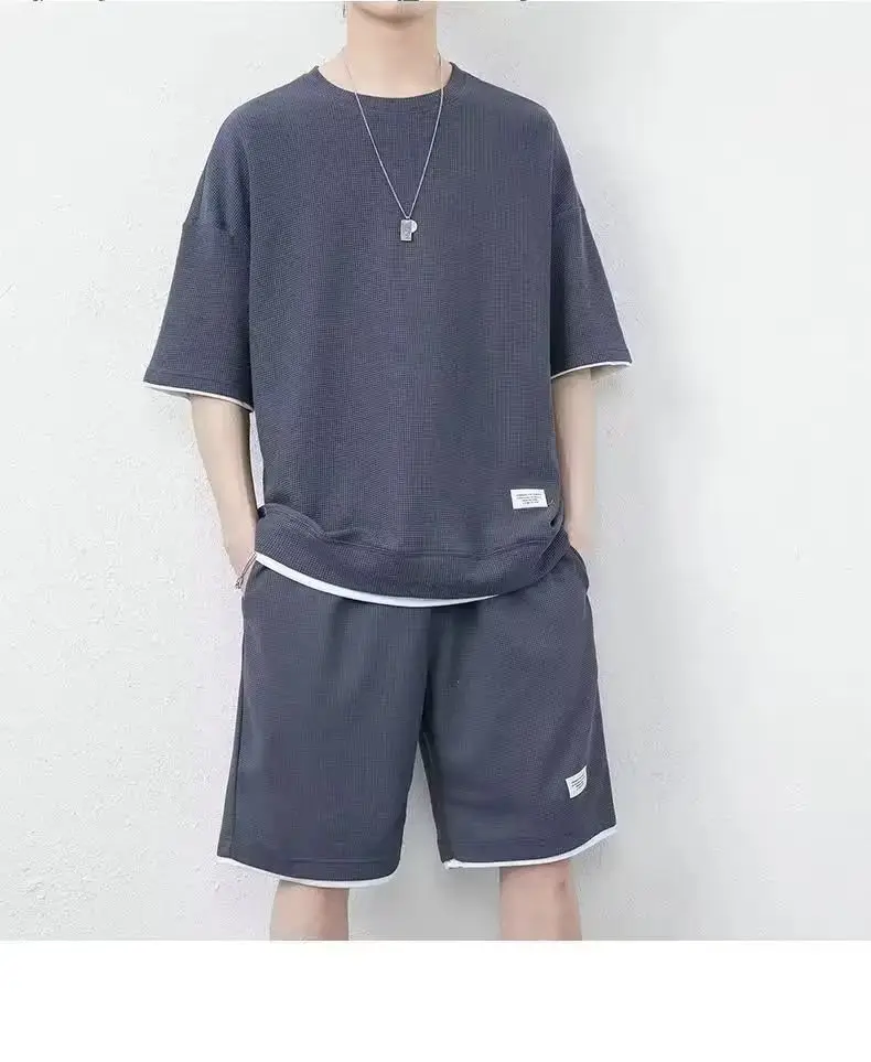 Men Black Waffle Shorts Set Summer Thin Sports Shorts — feature 6
