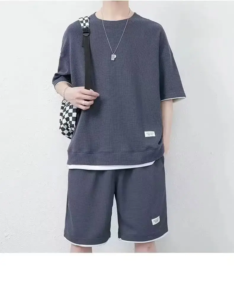 Men Black Waffle Shorts Set Summer Thin Sports Shorts — feature 7