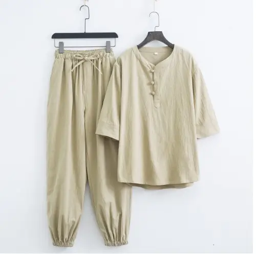 Chinese Style Tea Suit for Men Beige Cotton - Image 9