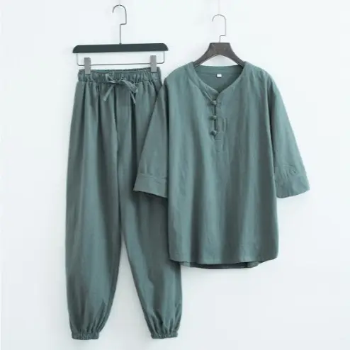 Chinese Style Tea Suit for Men Beige Cotton - Image 11