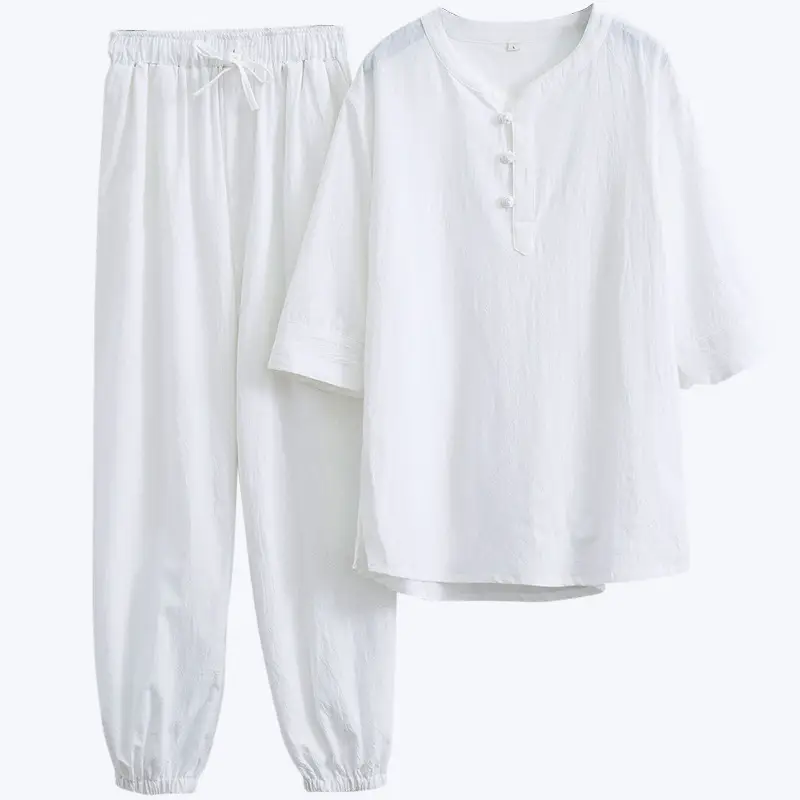 Chinese Style Tea Suit for Men Beige Cotton - Image 12