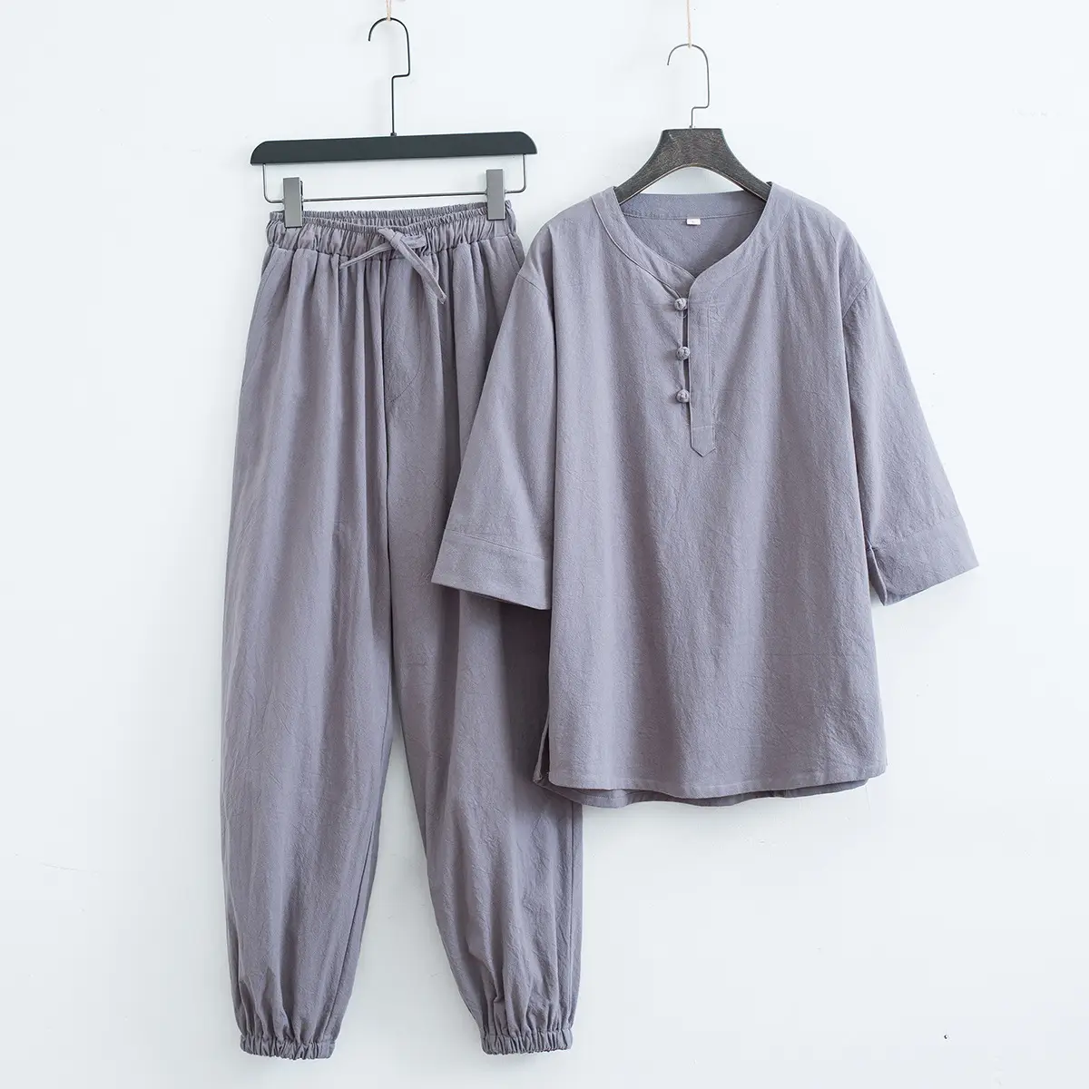 Chinese Style Tea Suit for Men Beige Cotton - Image 2