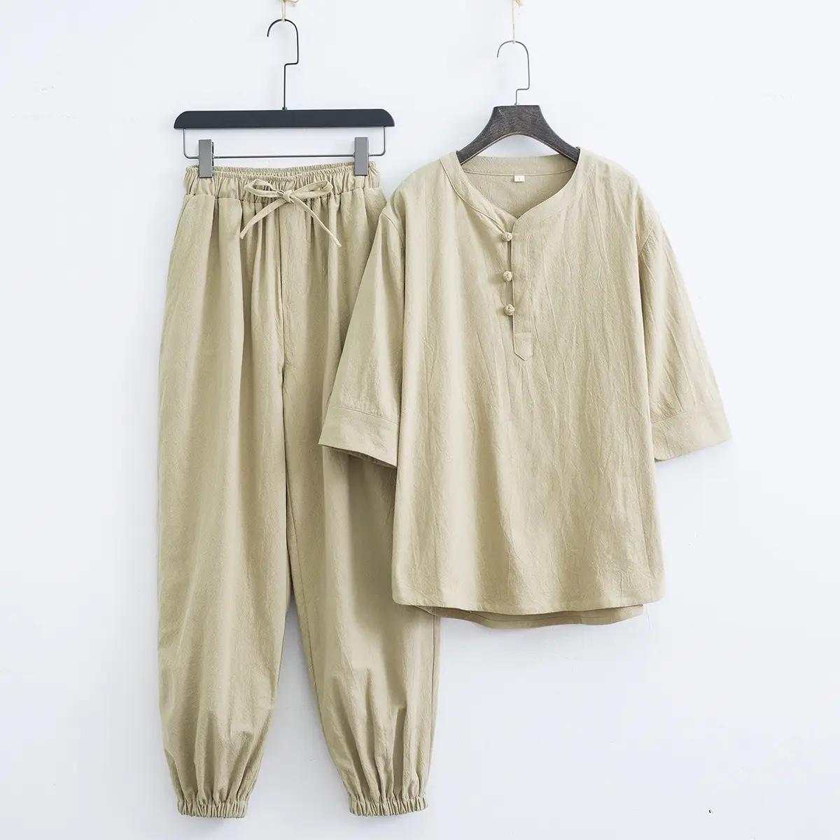 Chinese Style Tea Suit for Men Beige Cotton - Image 6