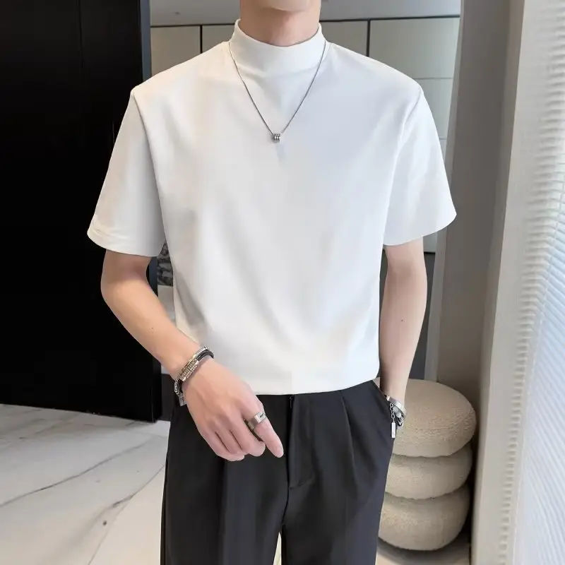 Men White Half Turtleneck Short Sleeve T-Shirt 2024 - Image 3