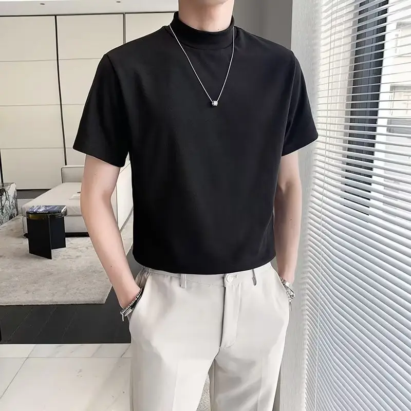 Men White Half Turtleneck Short Sleeve T-Shirt 2024 - Image 4