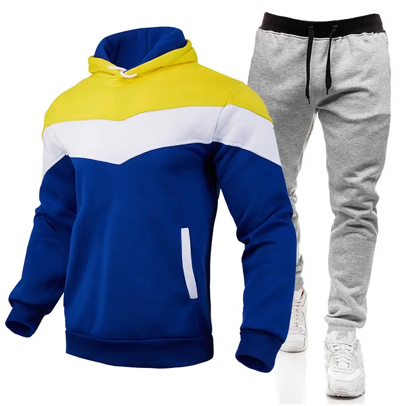 2023 Men's Color Block Hooded Sweatshirt Set Blue Yellow White Grey Sweatpants - Image 17