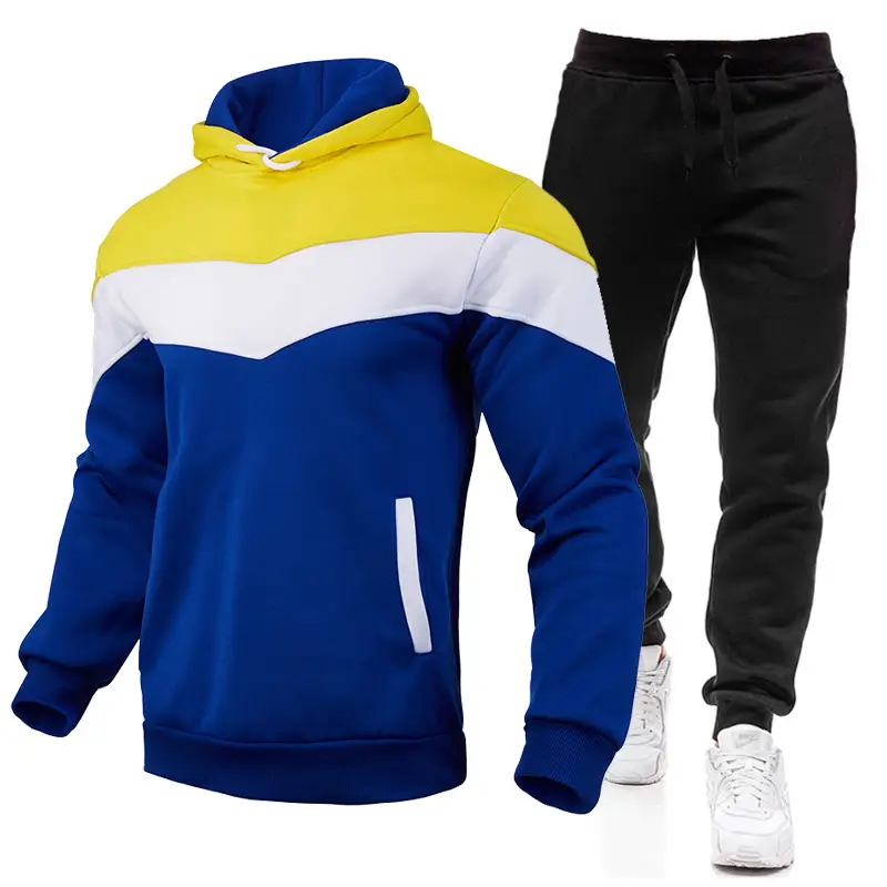 2023 Men's Color Block Hooded Sweatshirt Set Blue Yellow White Grey Sweatpants — feature 12