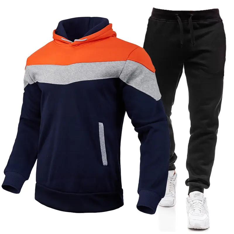 2023 Men's Color Block Hooded Sweatshirt Set Blue Yellow White Grey Sweatpants — feature 13