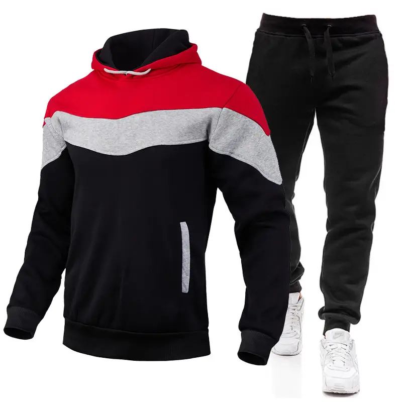 2023 Men's Color Block Hooded Sweatshirt Set Blue Yellow White Grey Sweatpants — feature 14