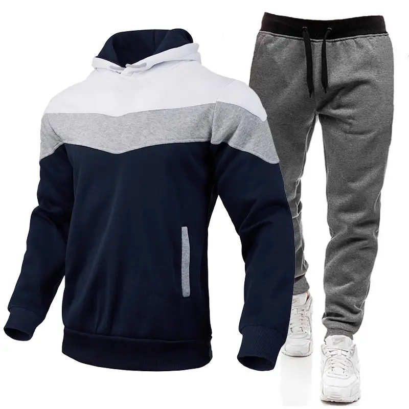 2023 Men's Color Block Hooded Sweatshirt Set Blue Yellow White Grey Sweatpants — feature 2
