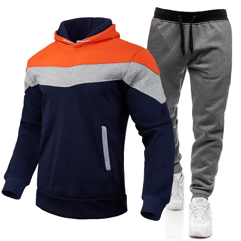 2023 Men's Color Block Hooded Sweatshirt Set Blue Yellow White Grey Sweatpants — feature 4