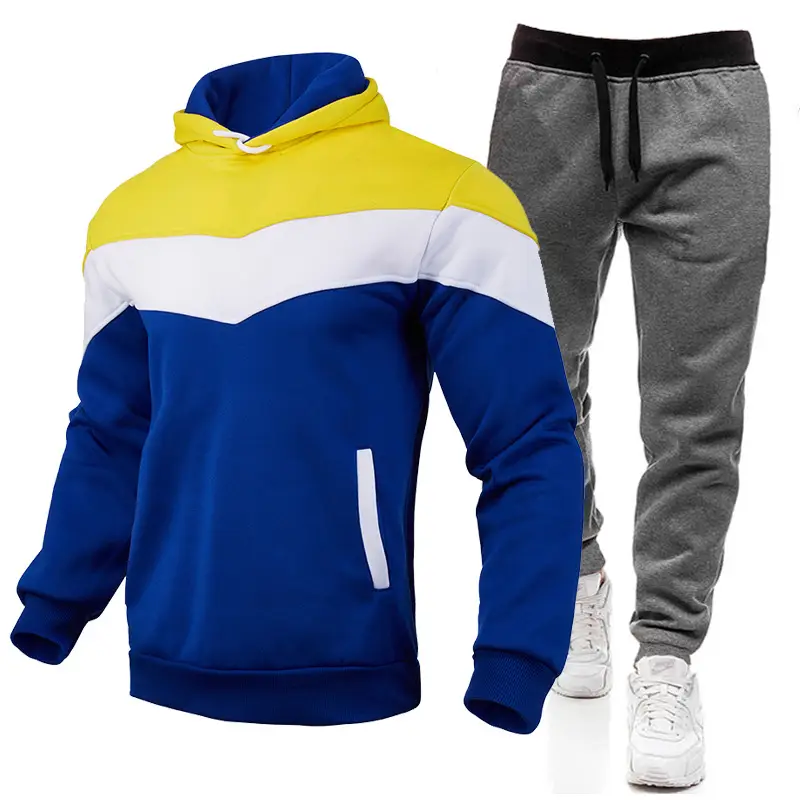 2023 Men's Color Block Hooded Sweatshirt Set Blue Yellow White Grey Sweatpants - Image 2