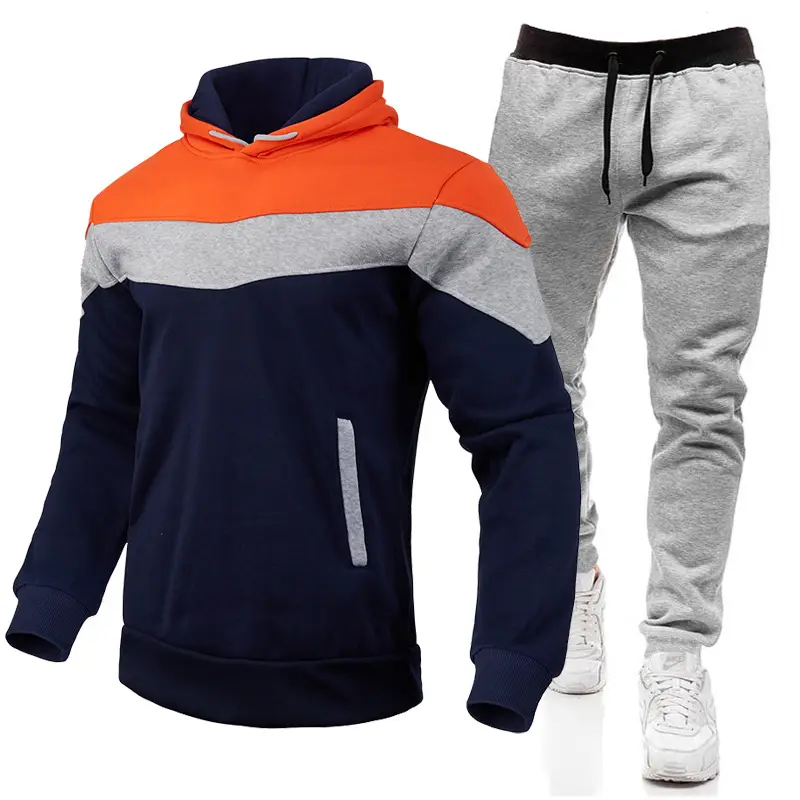 2023 Men's Color Block Hooded Sweatshirt Set Blue Yellow White Grey Sweatpants - Image 7